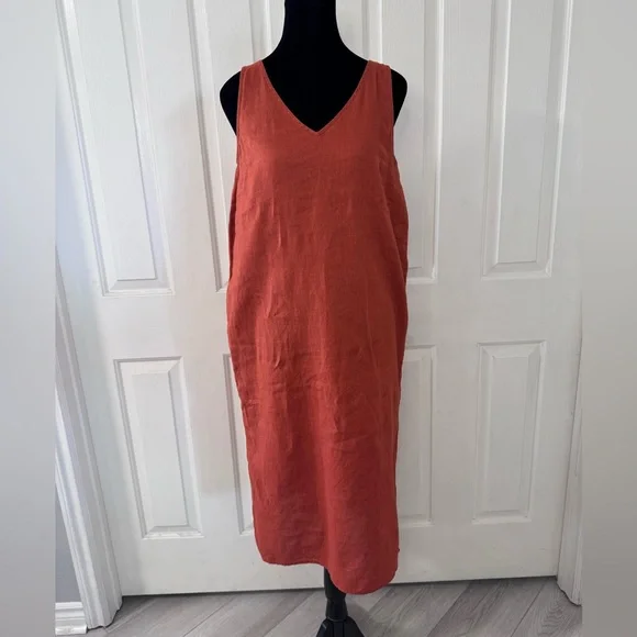 Madewell Linen Blend Midi Tank Dress Sz XS Sleeveless VNeck Rust Light Airy Boho - Picture 3 of 14